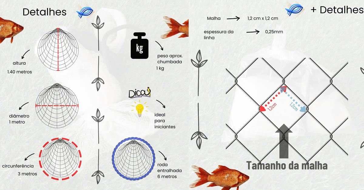 Tarrafa de Pesca Lambari Malha 1,2 com 6 Metros de Roda